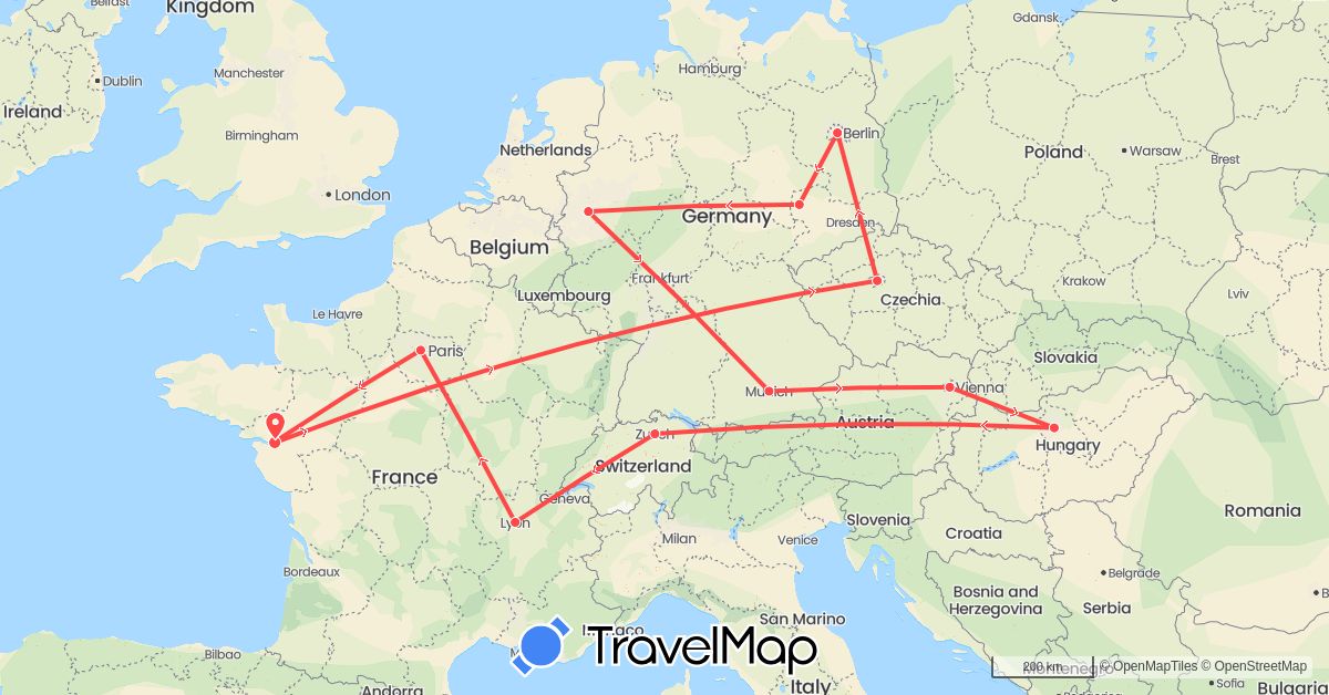 TravelMap itinerary: driving, hiking in Austria, Switzerland, Czech Republic, Germany, France, Hungary (Europe)
